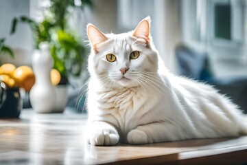 Obraz premium a closeup view of white cat, sitting on the table, day light view