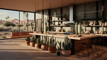 A contemporary desert oasis kitchen with earthy tones and cacti decor