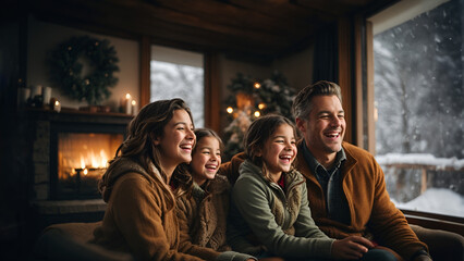 Fototapeta na wymiar Family of four smiling moment during festivities, Christmas or thanksgiving in a cozy living room