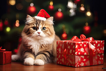 A cute cat in a Santa hat with a Christmas gift
