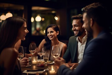 group of coworkers sitting in restaurant at night. Young people enjoying dinner