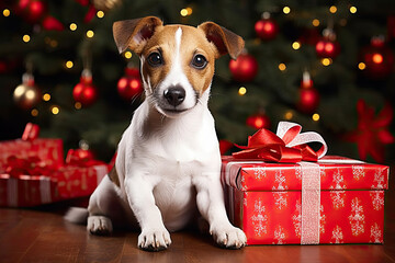 A cute dog with Christmas gifts