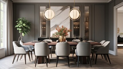 Luxurious modern dining room dark wood paneling large oval dining table plush upholstered chairs globe pendant lights