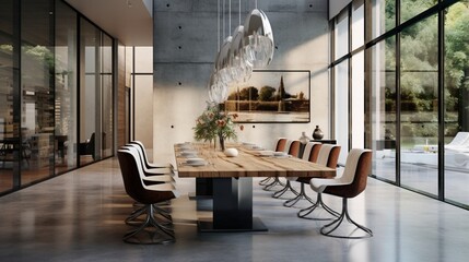 Modern minimalist office interior floor-to-ceiling windows sleek conference table designer chairs exposed concrete ceiling