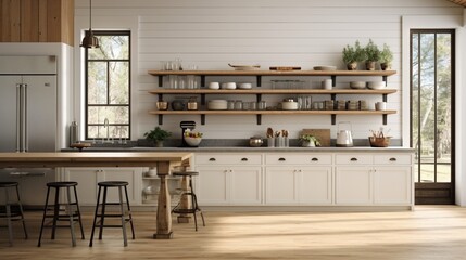 A contemporary farmhouse kitchen with shiplap walls and open shelving