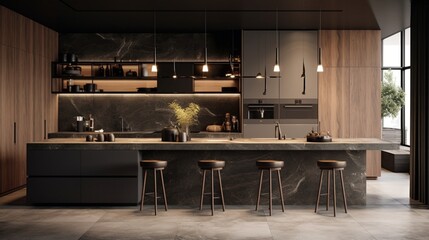 Fototapeta na wymiar A contemporary kitchen with a mix of neutral tones and textured surfaces