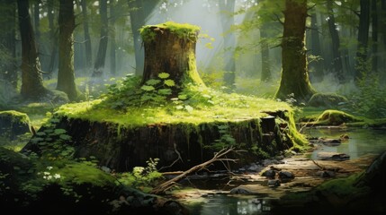 An illustration of the enchanting beauty of a mossy wooden stump.
