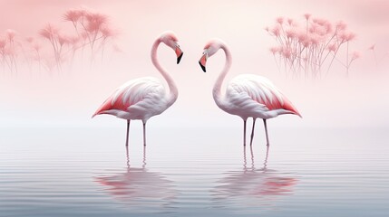 An image of pink flamingos in a minimalist setting.
