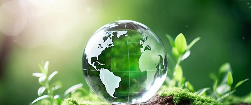 Anamorphic video crystal globe with sustainable development and ESG icon for environment social, governance, and business cooperation for World sustainable environment social governance concept.