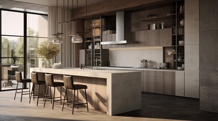 A contemporary kitchen with a mix of neutral tones and textured surfaces