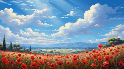 Gardinen Illustration landscape with a huge field of bright red poppies. © kept
