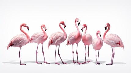 Elegant pink flamingos stand on a white background.
