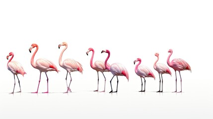 Elegant pink flamingos stand on a white background.