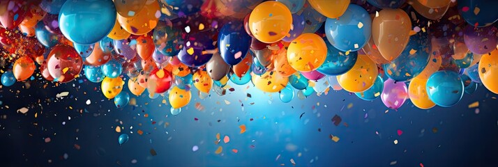 Image of confetti and balloons, colorful background.