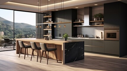 A contemporary kitchen with a sleek waterfall island and open shelving