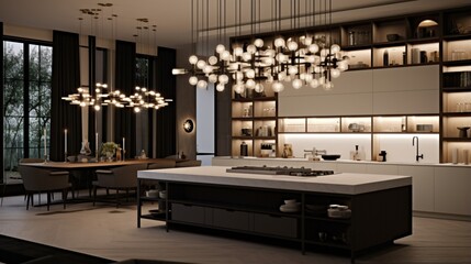 A contemporary kitchen with a statement chandelier and open shelving