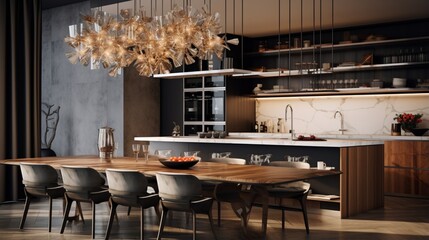 A contemporary kitchen with a statement chandelier and open shelving