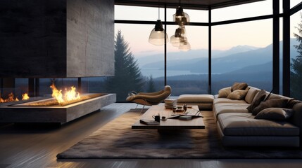 A contemporary living room with a suspended fireplace and panoramic windows