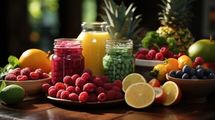Various fruit juices and their ingredients with a kitchen table and kitchen utensils in the background