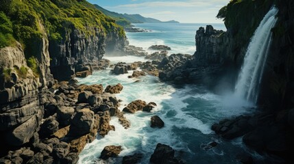 view from above of a beautiful waterfall flowing through cliff rocks in the middle of a tropical forest