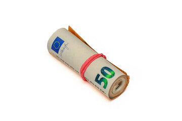 euros rolled into a tube, 50 euro bills on a white background 19