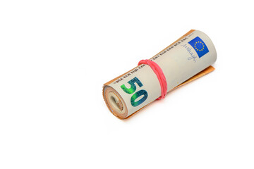 euros rolled into a tube, 50 euro bills on a white background 20