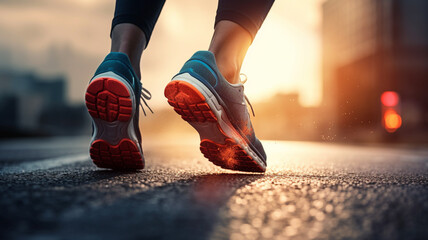 close up of woman legs running on asphalt road at sunset. healthy lifestyle and sport concept.