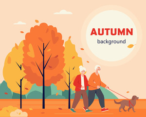 Senior man and woman with dog in autumn Park. Fall season with bright trees and leaves. Active elderly people concept. Autumn banner. Vector flat background illustration.