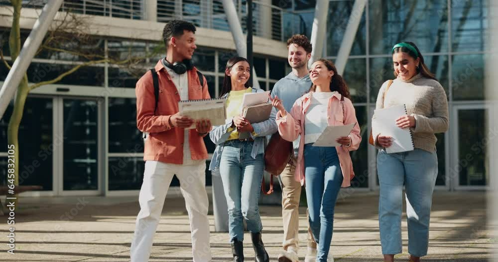 Aufkleber walking, exam and students talking about results on university campus and share test information or 