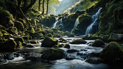 Naklejka na ściany i meble Waterfalls flow from mountain rocks