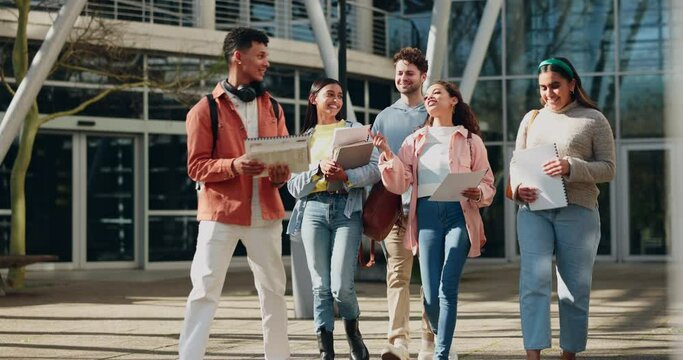 Walking, exam and students talking about results on university campus and share test information or paperwork together. Scholarship, education and group of young people or friends in discussion - Powered by Adobe
