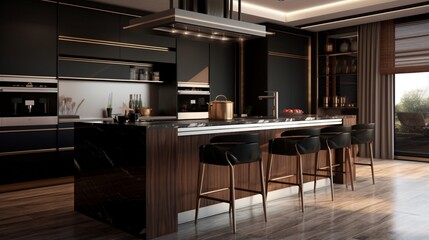 A designer kitchen with a mix of dark wood and metallic accents