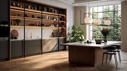 Fototapeta premium masterful wood shelving system industrial rustic kitchen with exposed wooden beams large panoramic window with lush greenery outside