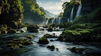 Fototapeta na wymiar Waterfalls flow from the mountains down to the river