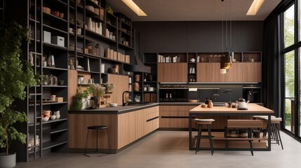 Obraz na płótnie Canvas A designer kitchen with a mix of open shelving and closed cabinets