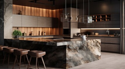 A designer kitchen with a mix of textured surfaces and high-end fixtures