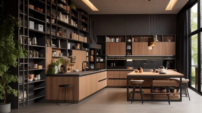 A Designer Kitchen With A Mix Of Open Shelving And Closed Cabinets