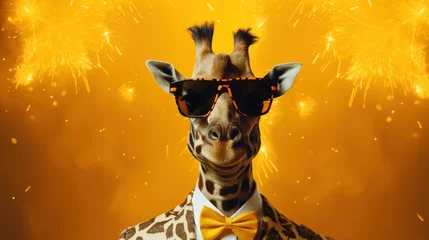 Fotobehang Coole Giraffe mit Sonnenbrille in einem Anzug mit Fliege. Feuerwerk im Hintergrund. © Fotosphaere