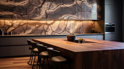 a rustic dining room interior wood table stone wall natural lighting warm tones cozy atmosphere minimal decor simple furnishings cabin-like setting