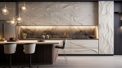 Obraz na płótnie Canvas A designer kitchen with a unique backsplash and textured countertops