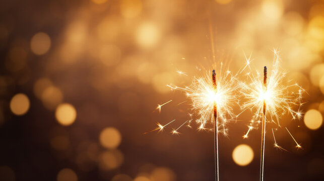 Zwei brennende Wunderkerzen mit Bokeh-Hintergrund und Textfreiraum.