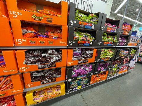 Walmart grocery store Halloween candy section bulk bags