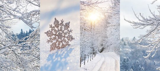 Set of beautiful photos of nature in the winter, banner. Collage of four images of fragments of...