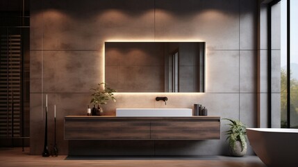 A designer washroom with a floating vanity and backlit mirror - obrazy, fototapety, plakaty