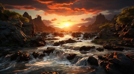 waterfall flowing with splashing drops, at sunset
