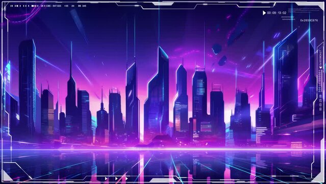 Neon lights of futuristic city. Beautiful blue and green background.