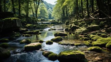 Obraz premium Waterfall in summer forest in mountain forest Park