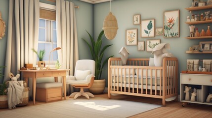 A gender-neutral nursery with soothing colors and whimsical decorations
