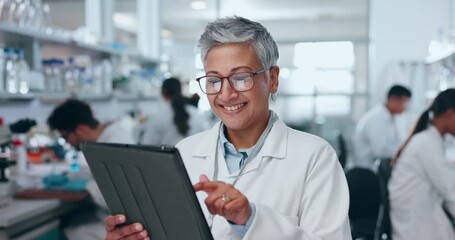 Senior woman, scientist and tablet in research, data analysis or results for new science discovery at laboratory. Mature female person, medical or healthcare worker on technology in scientific lab - Powered by Adobe