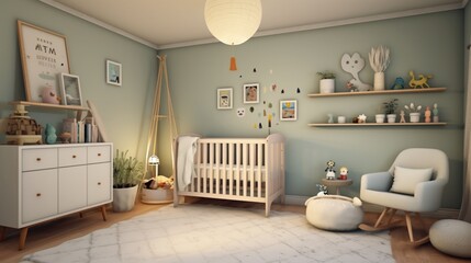 A gender-neutral nursery with soothing colors and whimsical decorations